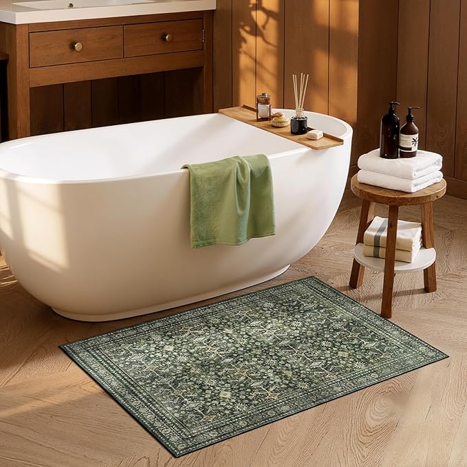 Lofus Area Rug for Living Room, 2x3 Washable Rug for Entryway Bathroom, Green Non Slip Kitchen Mats for Floor, Soft Door Mat Indoor Entrance, Farmhouse Carpet for Entry Living Room Bedroom