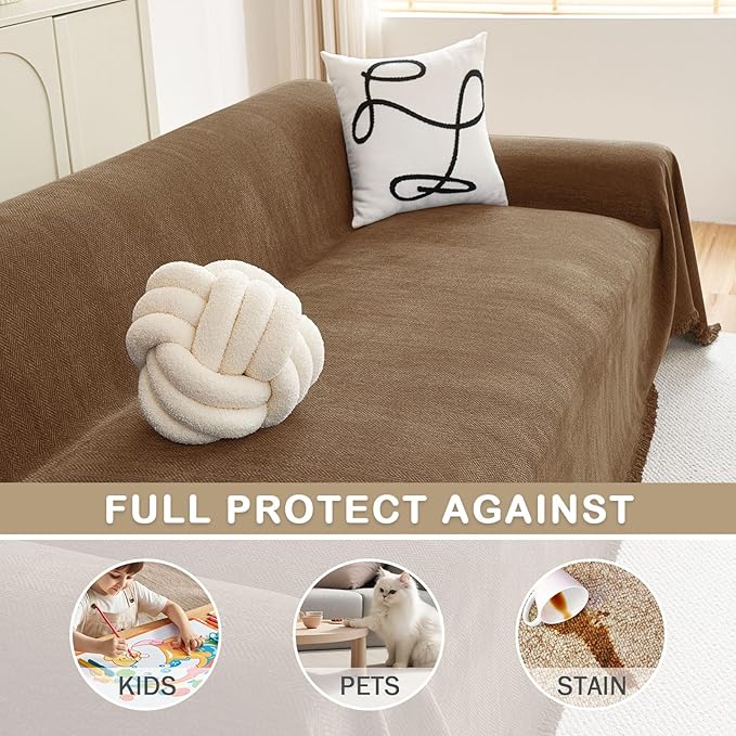 hyha Couch Cover for Dogs, Boho Sofa Covers for 3 Cushion Couch Washable, Chenille Sofa Slipcover for Pets, Soft Loveseat Sectional Couch Throw Blankets with Tassels (Chocolate, 71x91 Inch)