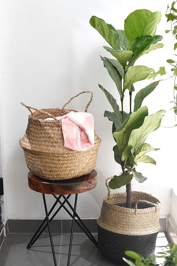 Seagrass Belly Basket (Size: 14x14x13 inches, Color: Yellow Natural - Set of 2) Laundry, Picnic - Plant Pots Cover Indoor Home Decor - Hand Woven Straw Beach Bag with Handles…