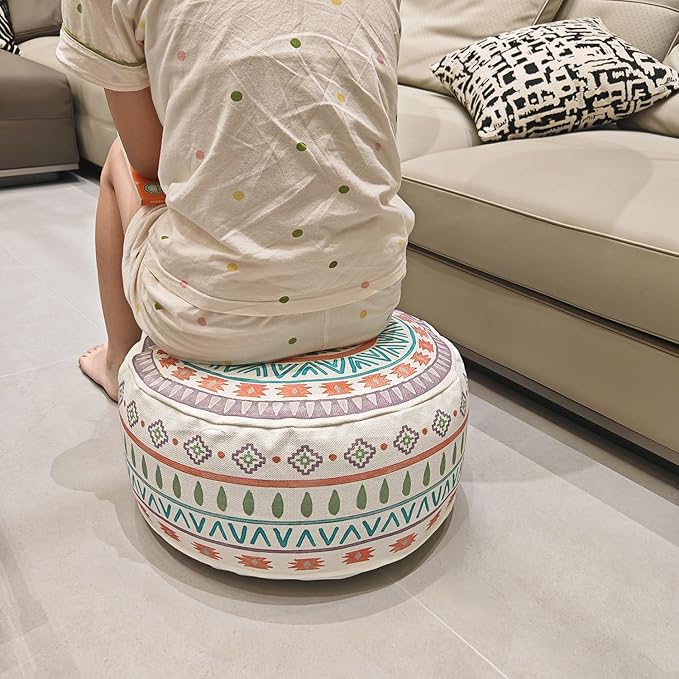 MOCOFO Round Bohemian Ottoman Pouf Cover, 18 Inch, Cotton Blend, Church Window Print, Living Room Storage Footrest, Cover Only (Jade Stone)