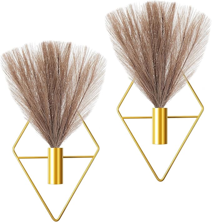 Jexine 2 Pcs Hanging Planters with Artificial Plants Metal Hanging Vase Indoor Plants Holder Modern Geometric Boho Wall Decor for Living Room Home Office(Gold, Brown Pampas)