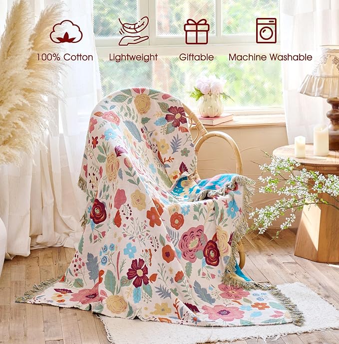 Boho Throw Blanket - 100% Cotton Soft Breathable Spring Throw Blankets, 60"x80" 4-Layer Lightweight Muslin Cotton Quilt, Floral Printed Bohemian Decor Throw Blankets for All Season