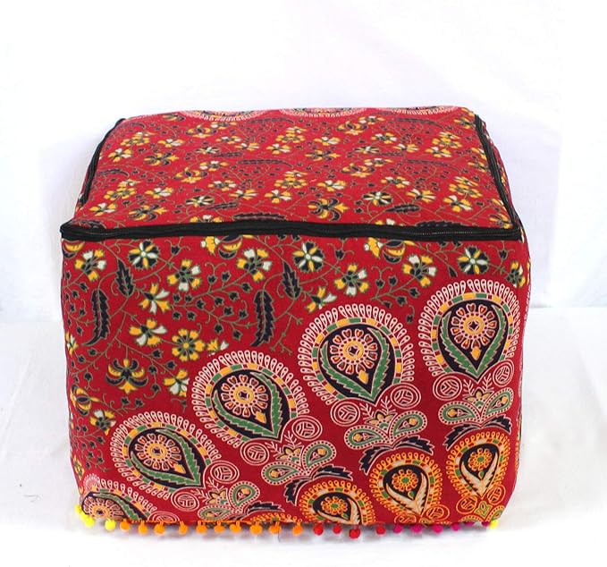 CRAFT KALA Large Hippie Mandala Meditation Floor Ottoman Pillow Cushion Pouf Cover Square Poufs Cover Bohemian Circle Floor Cushion Case Outdoor Fireplace Living Room Decor 22X22X14 inches, Red Mirchi