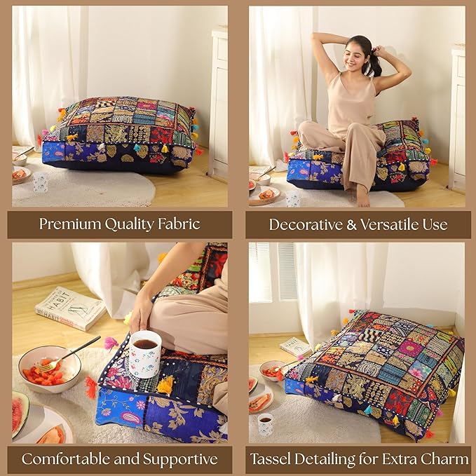 THE ART BOX Cotton Patchwork Vintage Boho Embroidered Floor Pillows & Cushion Cover Dog Pouf Seating Pouf Meditation Pillow Pet Bedding Cat Bed Boho Home Décor (35x35 Inches, Cover Only)