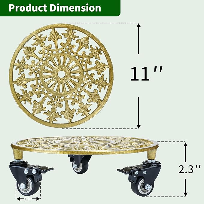 2 Pack 11 Inch Gold Metal Plant Caddy with Wheels, Round Rolling Plant Stand Heavy Duty Indoor Outdoor Planter Dolly, Plant Pot Mover for Large Flower Pots and Planters