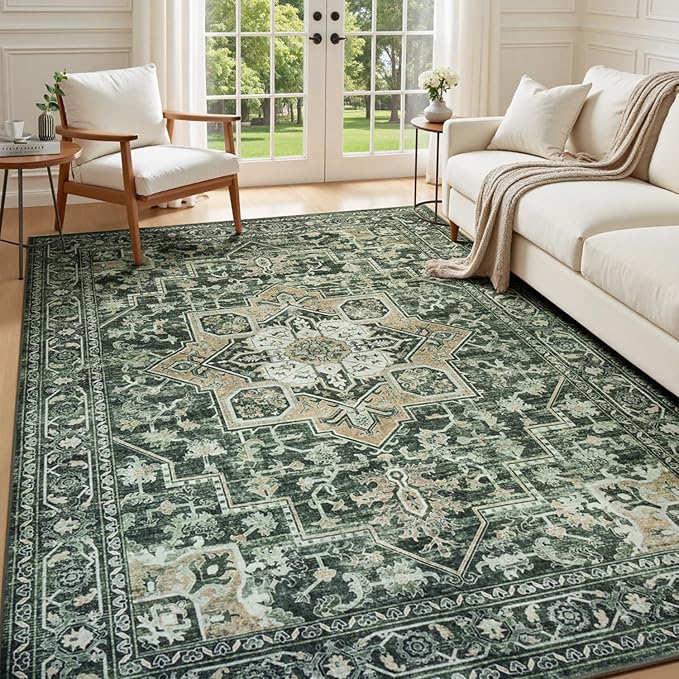 Lessymo 6x9 Area Rugs for Living Room, Green Washable Rug for Dining Room Bedroom Kitchen, Soft Vintage Carpet Non Slip Low Pile Boho Rug Stain Resistant for Nursery Home Office Indoor, Green/Yellow