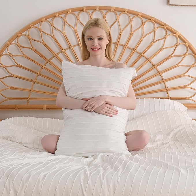 JELLYMONI Pillowcases King Size White 2 Pack Boho Striped Bed Pillow Covers 20x36in Polyester Envelope Pillow Shams Tufted Bohemian Textured (Pillows are not Included)