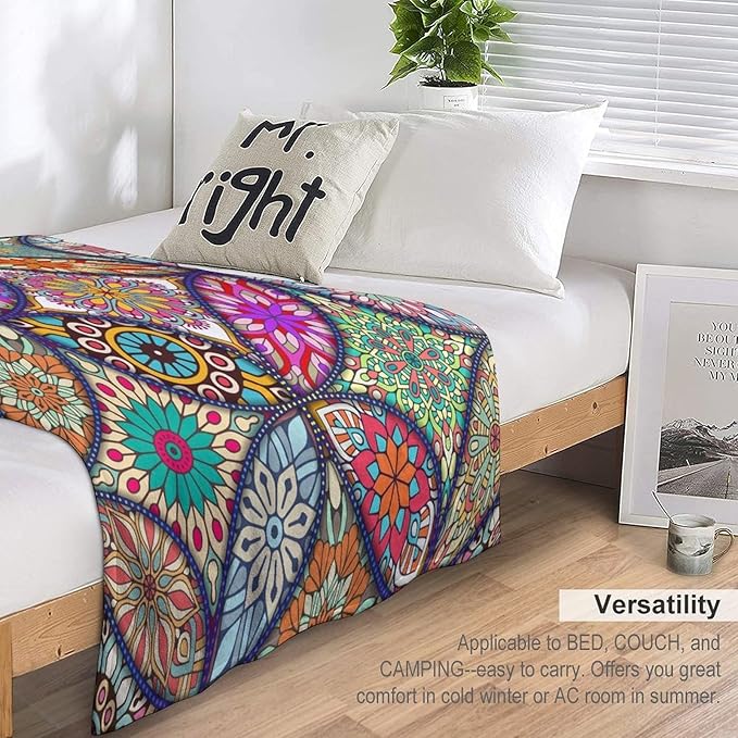 Boho Floral Throw Blanket Bohemian Colorful Mandala Flowers Print Theme Blanket for Sofa Bed Couch Chair Or Dorm 50"x60"