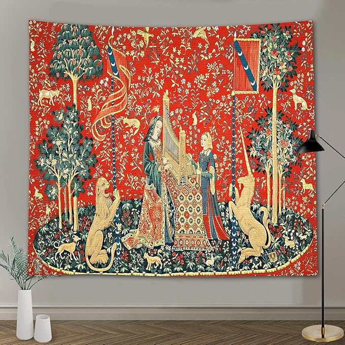 FEASRT European Royal Unicorn with Lion Tapestry, Maiden and Lady, Large 100x90 Inches Soft Flannelette, for Bedroom Living Room Dorm