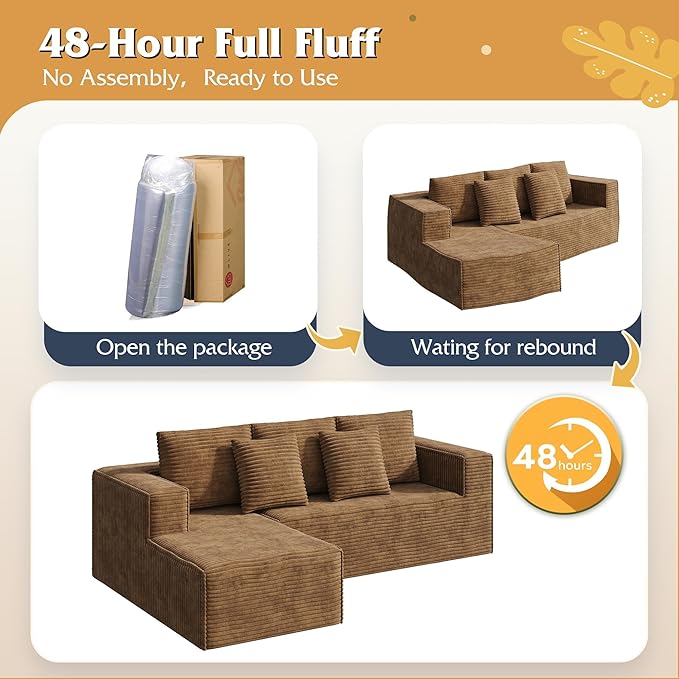 WLIVE 108'' Cloud Sectional Couches for Living Room, Modular Boneless Couch with Right Facing Chaise, L Shape Memory Foam Corduroy, with Cushion, Brown