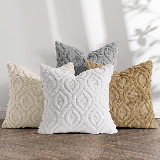 decorUhome Cozy Textured Throw Pillow Covers 20x20 Inch Set of 2, Soft Plush Faux Wool Beige Accent Couch Pillow Covers for Modern Farmhouse Sofa Bed Living Room