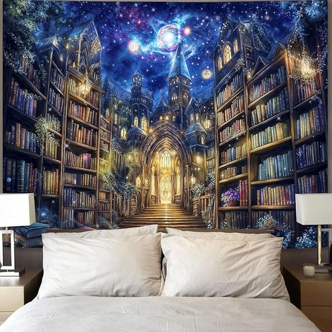 Accnicc Fantasy Bookshelf Tapestry Space Library Tapestries Wall Hanging Gothic Galaxy Castle Magic Book Extra Large Tapestry for Bedroom Living Room Dorm Classroom 90 x 68 inch
