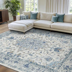 Area Rugs 7'x9' Washable Non-Slip, Floral Vintage Distress Print Pattern Medallion Carpet for Living Room Bedroom Dining Room, Light Blue Navy Beige Gray White