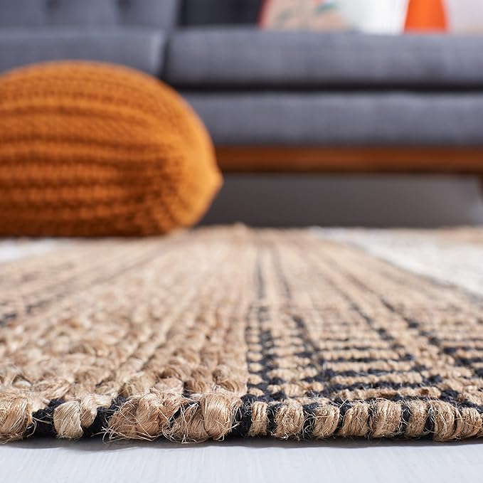 SAFAVIEH Natural Fiber Collection Area Rug - 6'6" Square, Black & Natural, Handmade Flat Weave Stripe Jute & Cotton, Ideal for High Traffic Areas in Living Room, Bedroom (NFB652Z)
