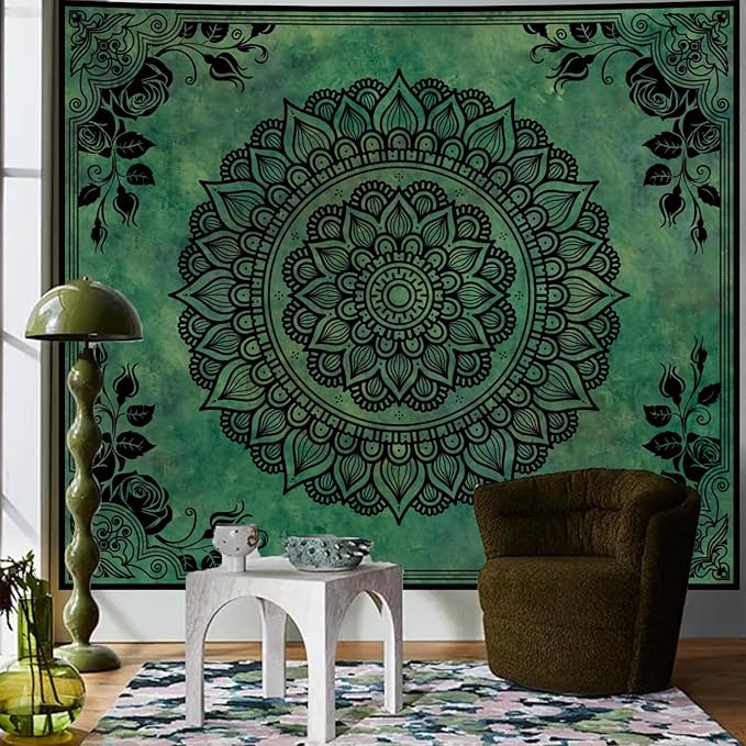 Apdidl Boho Mandala Green Tapestry for Bedroom Aesthetic, Hippie Indian Vintage Floral Decor Wall Hanging, Bohemian Ceiling Flower Plants Art Backdrop Wall Tapestries for Dorm Living Room 60" X 79"