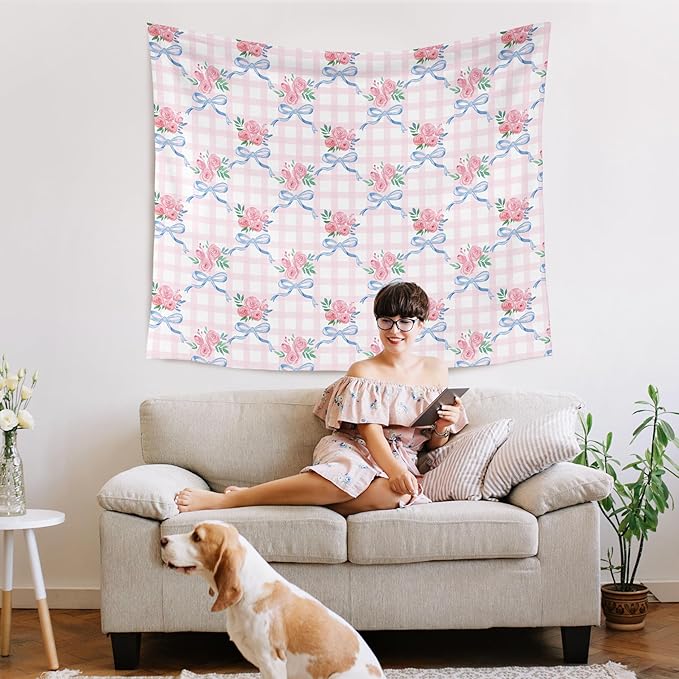 WARDOS Coquette Blue Bow Tapestry, Coquette Room Decor, Preppy Pink Rose Floral Tapestry, Cute Preppy Room Decor Teen Girls, Girly Bedroom Decor, Coquette Stuff, 50x60 Inch