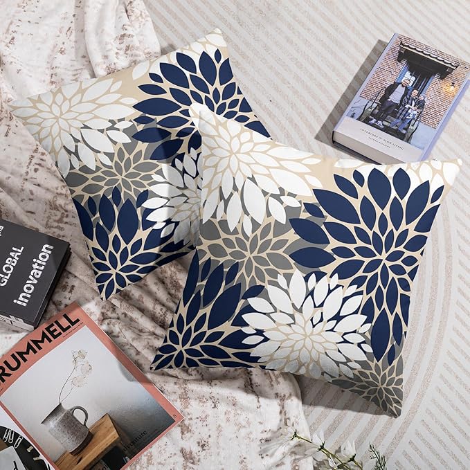 Navy White Grey Gray Pillow Covers 16X16 Inch Set of 2, Summer Modern Geometry Dahlia Floral Print Decorative Throw Pillow Covers Outdoor Farmhouse Cushion Case for Couch Sofa Bed Decor