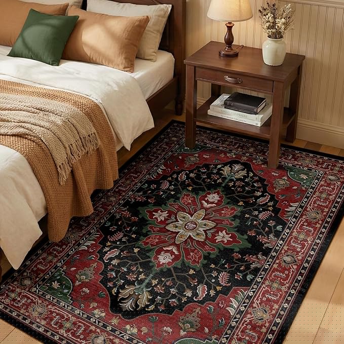 Area Rugs 3'x5' Washable Non-Slip, Floral Vintage Distress Print Pattern Medallion Carpet for Living Room Bedroom Dining Room, Red Black
