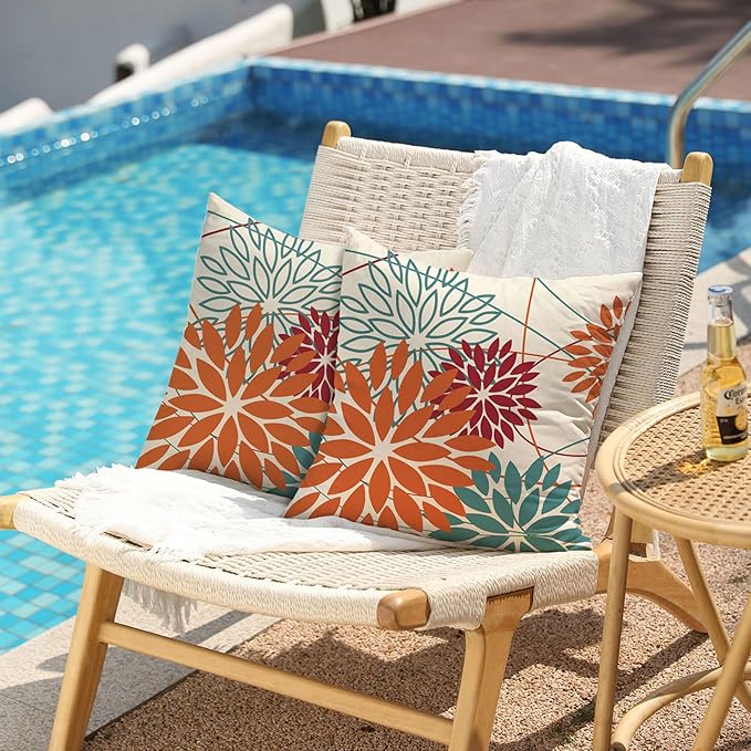 Orange and Red Floral Pillow Covers 20x20 Set of 2 Outdoor Waterproof Decorative Throw Pillows Fall Pillow Covers Polyester Cushion Case Decor for Couch Patio Funiture Garden Porch 01W20