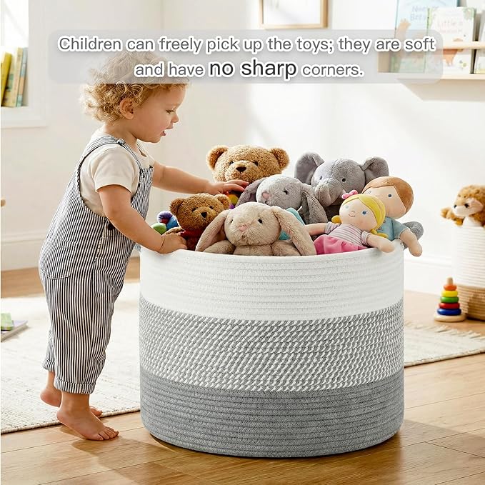 70L Large Cotton Rope Basket, Decorative Woven Blanket Storage for Living Room, Boho Toy Storage & Toy Box for Kids, Versatile Laundry Basket & Nursery Hamper for Blankets(Grey)