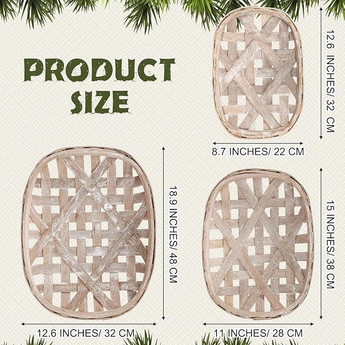 Maxcheck 3 Pcs Rustic Baskets Decoration Vintage Woven Wooden Basket Farmhouse Wooden Nesting Trays Decorative Basket for Home Kitchen(18.9 x 12.6'', 15 x 11'', 12.6 x 8.7'')