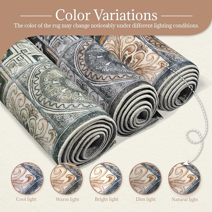 Washable Entryway Rug 3'x5 Non-Slip Backing Vintage Indoor Rug Low Pile Lighrweight Carpet for High-Traffic Indoor Entrance & Kitchen