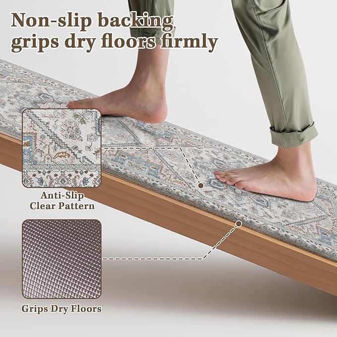 Arttown Kitchen Mats for Floor 2Pcs-Anti Fatigue Non Slip Mats for Kitchen Floor, Cushioned Waterproof & Stain-Resistant Boho Stripe Square Mat Set, Laundry Room, Office, Sink, Desk (White/Blue)