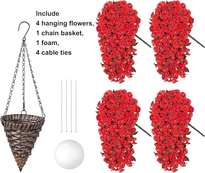 HyeFlora Artificial Fake Red Hanging Flowers Plants Baskets for Outdoor Winter Christmas, Faux Silk UV Resistant Look Real Morning Glory Vines for Outside Porch Patio Balcony Garden Yard Home Decor