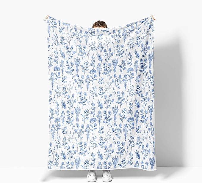 Floral Fuzzy Blanket Blue Floral Throw Blanket, Botanical Flowers Blankets, Soft, Flannel, Warm, Boho Flowers Bed Blankets All Season for Couch Bedroom Living Room 60X70 Inch