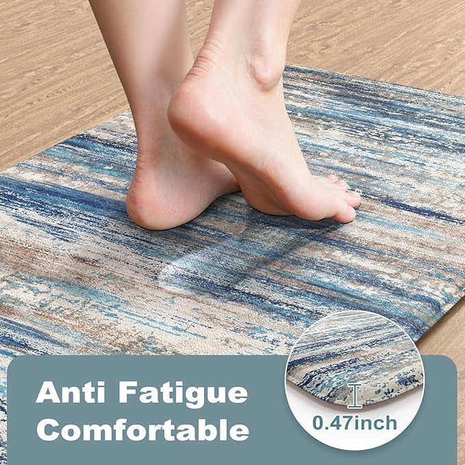KIMODE Kitchen Mats for Floor Anti Fatigue, 17"x47"+17"x29" Farmhouse Kitchen Rugs Sets of 2, Padded Kitchen Floor Mats, Comfort Standing Mats for Sink Laundry Office Desk Dark Blue Grey