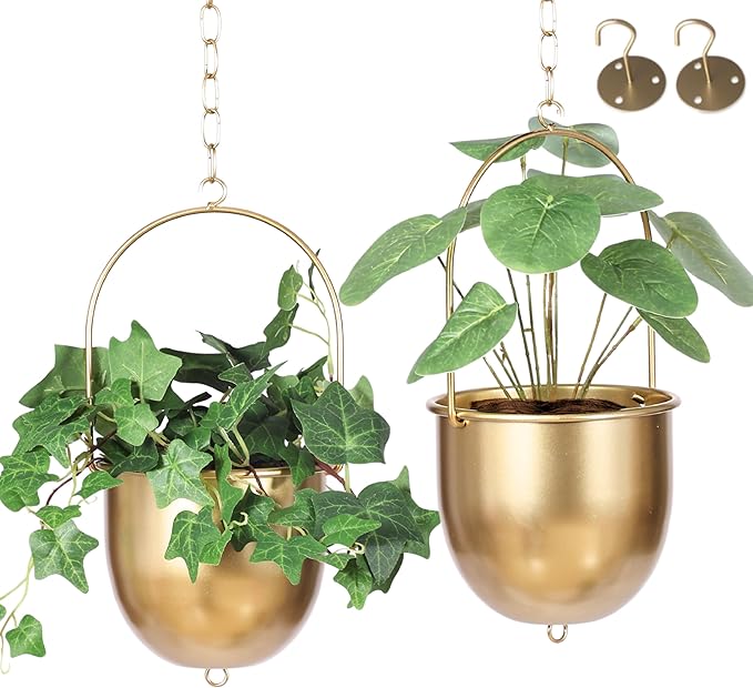Shineloha 2 Pack Metal Hanging Planters for Indoor Outdoor, with 5.5 Pot, Gold Hanging Planters | Gold Plant Hanger, Brass Plant Hangers. NO Plant incld.