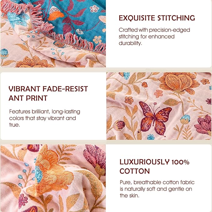Boho Throw Blanket - 100% Cotton Ultra Soft Muslin Blanket, 50"x60" Lightweight Floral Butterfly Framhouse Bedding Spring Blanket for Bed, All Season Beige Bohemian Bedroom Home Decor Quilt