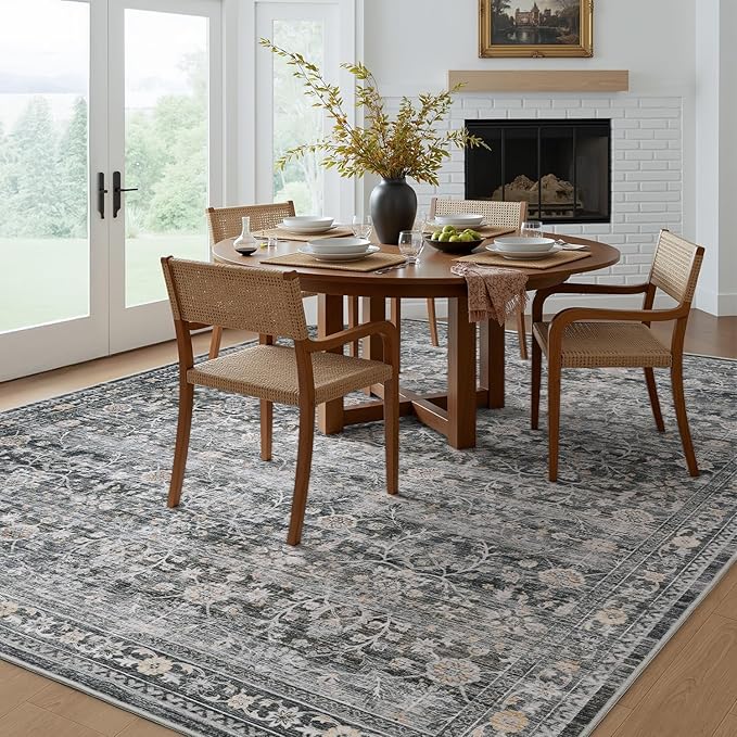 MontVoo-Vintage Area Rug 6X9 Grey Rugs for Living Room-Soft Distressed Printed Rugs for Bedroom-Non Slip Carpet-Machine Washable Rug for Dining Room Living Room Bedside Office