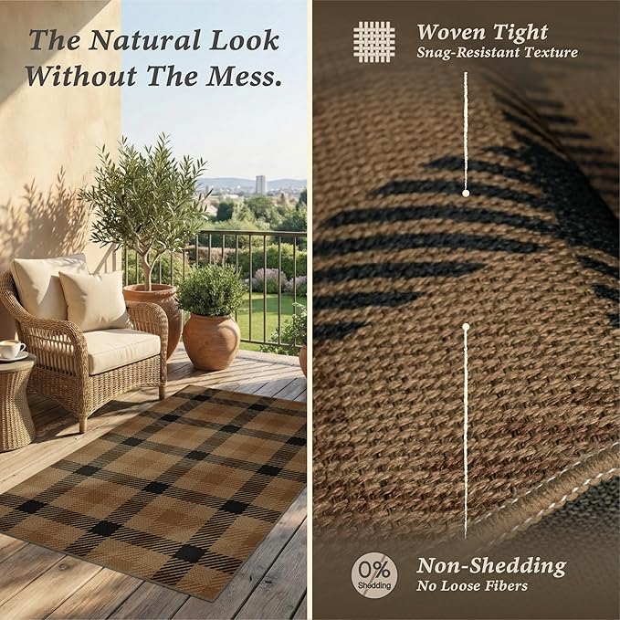 Easy Jute Brown Checkered 3x5 Entryway Rugs - Dark Plaid Rug Indoor Door Mats for Entrance, Front Porch, Outdoor Balcony, Kitchen Floor, Washable Non Slip Earthy Rustic Neutral Décor