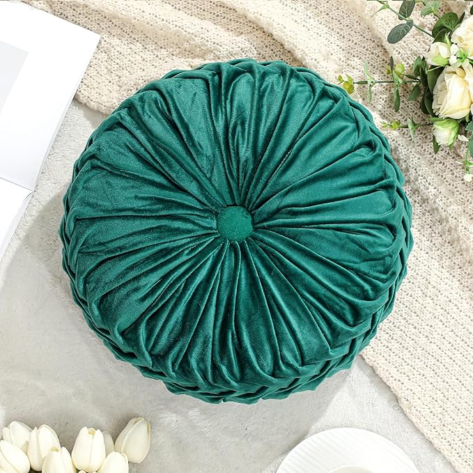 Round Throw Pillows Decorative Pleated Throw Pillows 15'' Diameter Accent Pumpkin Boho Chair Cushion for Couch Sofa Home Decoration(Green,1 Pcs)