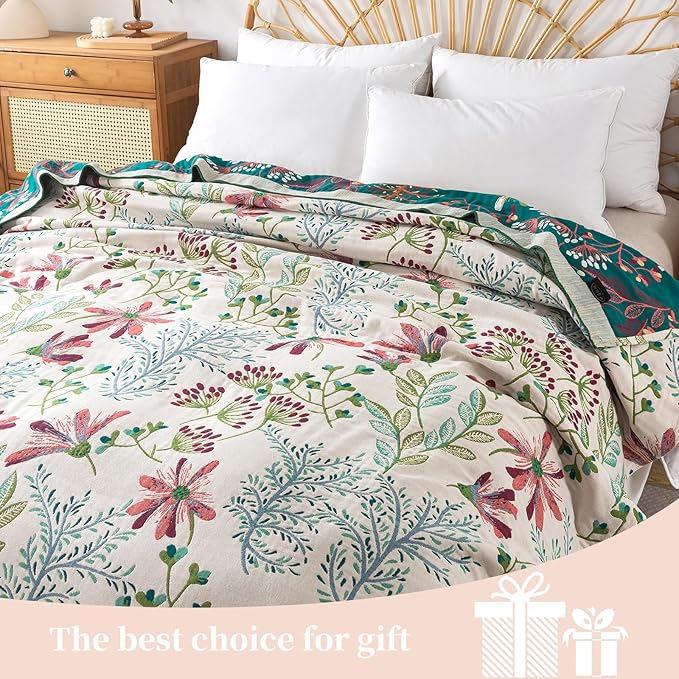 Boho Throw Blanket for Bed - 100% Pure Cotton Ultra Soft Rustic Quilt - Farmhouse Decor Bed Blankets, All Season Rustic Throw for Sofa Couch Chair(50"×60", Boho Floral)