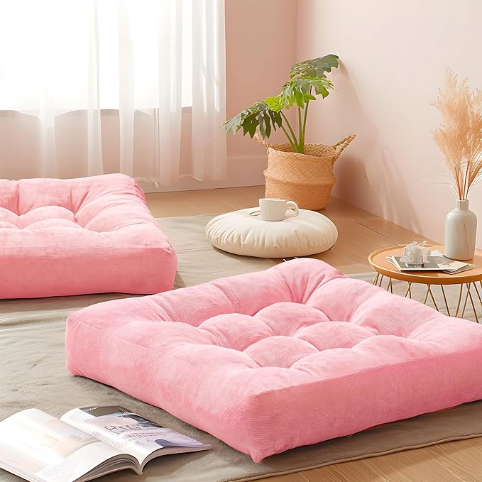 Pink Floor Pillow Set of 2 – Stylish Corduroy Cushions for Women, Perfect for Meditation, Yoga, and Relaxation, 22x22 Inch