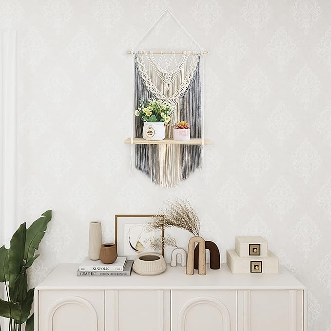 Macrame Wall Hanging Shelf Grey Floating Shelves Rope Shelf for Hanging Plants Grey Boho Decor for Bedroom Living Room,1 Tier