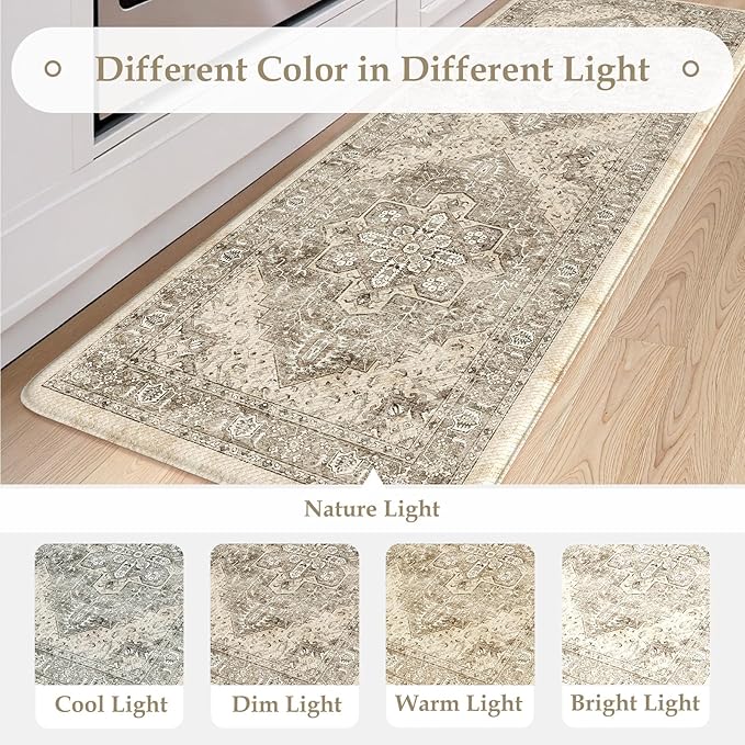 KIMODE Anti Fatigue Kitchen Mats 17"x59"+17"x29", Boho Kitchen Rugs Set of 2, Non-Slip Cushioned Kitchen Mats for Floor, Waterproof Kitchen Floor Mats for Sink, Laundry, Office, Desk Khaki