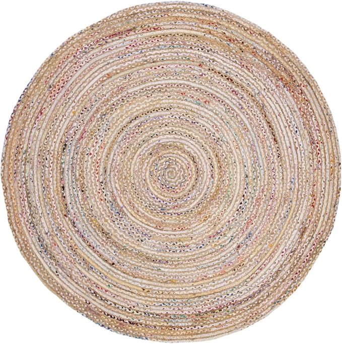 SAFAVIEH Area Rug 7' Round - Cape Cod Collection - Beige & Multi, Handmade Jute & Cotton, Woven Braided Design (CAP202B)