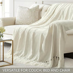 Chenille Throw Blanket for Couch 50"X 60", Soft Cozy Throws with Fringe Tassel for Bed Sofa Chair Cover, Lightweight Knitted Decorative Boho Blankets for Living Room, Ivory White