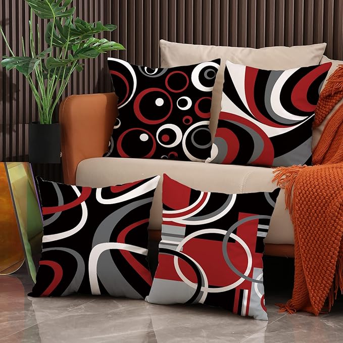 Red and Black Throw Pillow Covers 20x20 Set of 4,Grey Modern Abstract Pillowcases,Gray Geometric Circle Pattern Decor for Sofa Couch Living Room Bedroom Home Outdoor