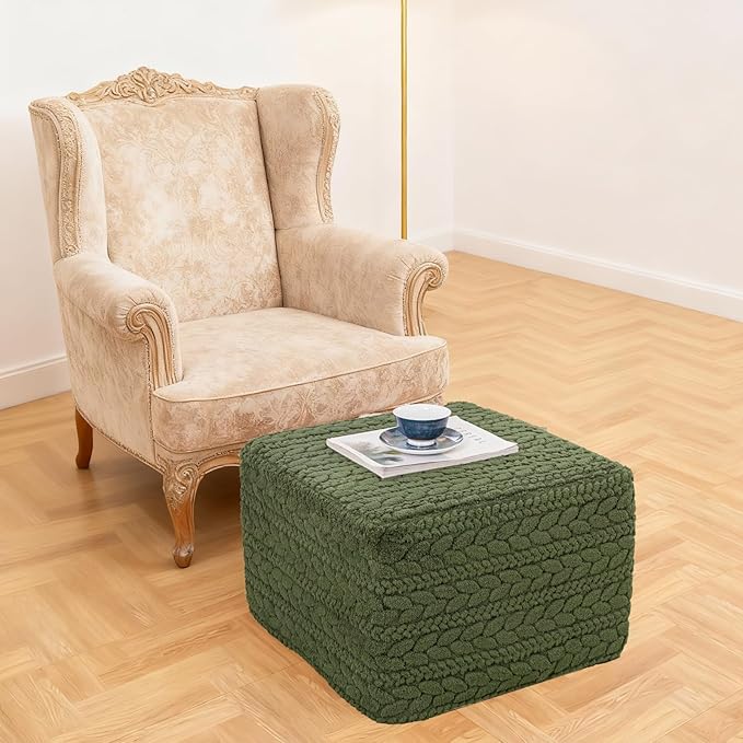 20x20x14 Inches Fluffy Square Pouf Ottoman - Plush Furry Boneless Ottoman Foot Rest Stool with High-Density Foam, Versatile Floor Seating for Living Room (Forest Green)