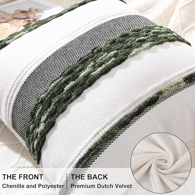 decorUhome Christmas Boho Decorative Throw Pillow Covers 18x18 Set of 2, Striped Chenille Tufted Pillow Covers with Tassels for Couch Bed Sofa, Cream White and Green
