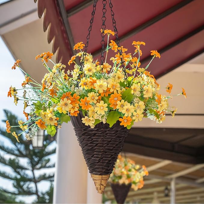 2 Pcs Hanging Plant Flower Basket for Outdoor Spring Decoration, 7.87 Inches Black Iron Chain Wicker Woven Conical Artificial Flower Hanging Basket, Plants Not Included (Coffee)