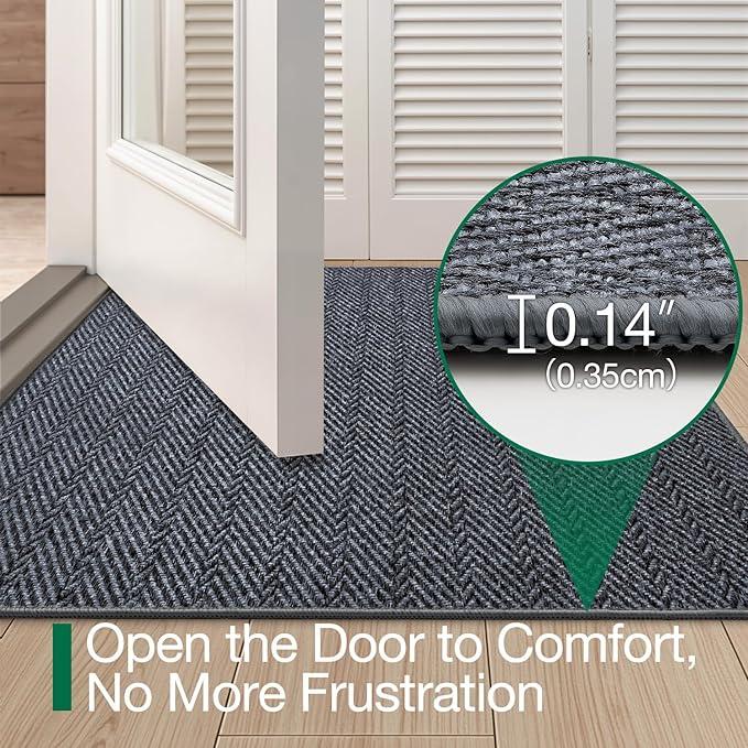 LUMI Ultra Thin Indoor Door Mat for Entrance 48"x72", Non Slip Entryway Mat, Low Profile Doormat, Unique Herringbone Design Carpet for Inside, Patio, Porch, Medium Gray