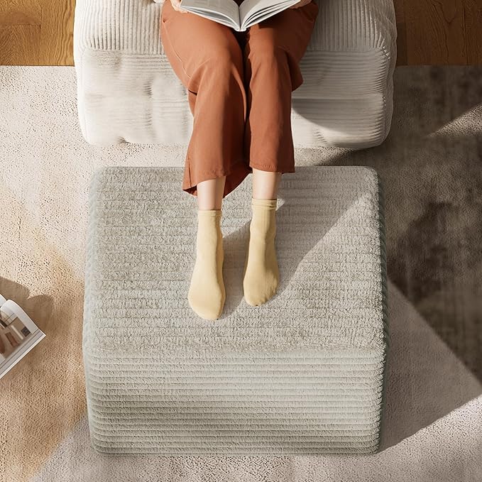 WLIVE Pouf Ottoman Foot Rest, Square Bean Bag Ottoman Coffee Table for Living Room, Greyish Beige