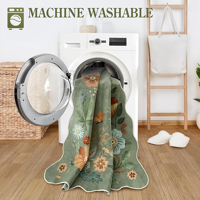 Lahome Floral Washable Rugs, 4X6 Rug for Bedroom Ultra-Thin Soft Dining Room Rug, Non-Slip Living Room Rugs Stain Resistant Boho Rug Lightweight Flore Throw Rug for ‎Office (4x6ft,Green)