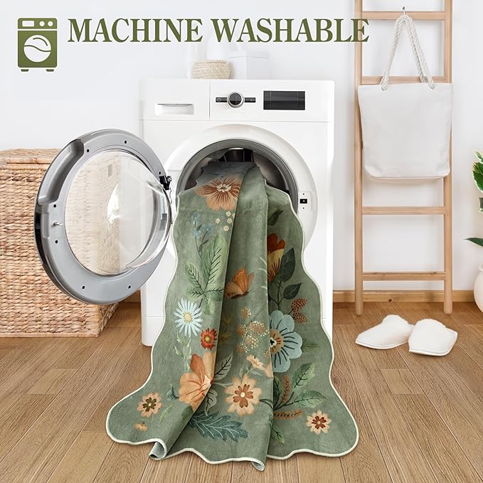 Lahome Floral Round Area Rugs, Washable Small Round Rug 3ft Non-Slip, Soft Boho Ultra-Thin Circle Carpet for Bedroom Entryway Kitchen Laundry Bathroom, Green