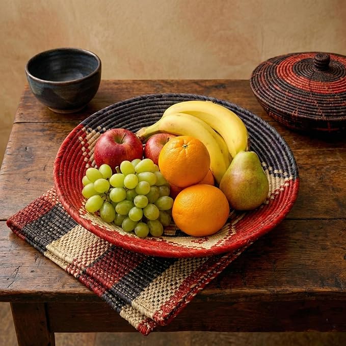 Grain Wares Boho 12 in Handwoven Date Palm Leaf Wall Basket Decor, Ember Star Pattern, Adhesive Strips Included, 1 Basket